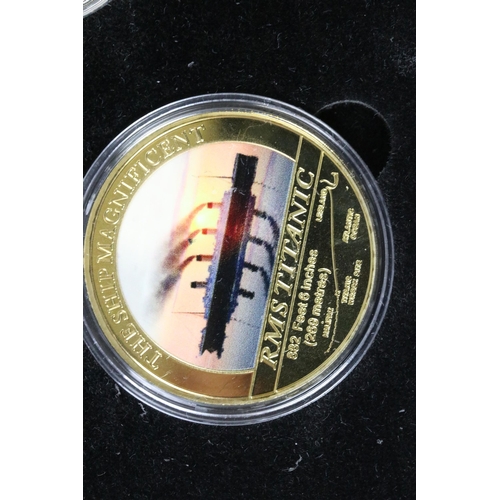 178 - Boxed RMS Titanic five coin set, all capsulated, 24ct gold plated, limited edition of 100, with coa