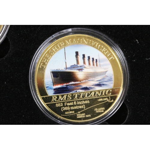 178 - Boxed RMS Titanic five coin set, all capsulated, 24ct gold plated, limited edition of 100, with coa