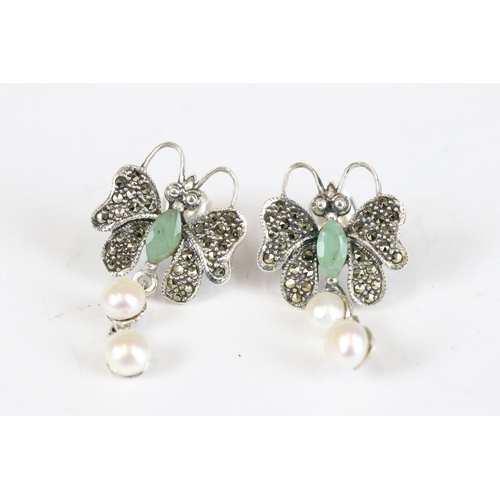 220 - Pair of silver, emerald and pearl butterfly earrings