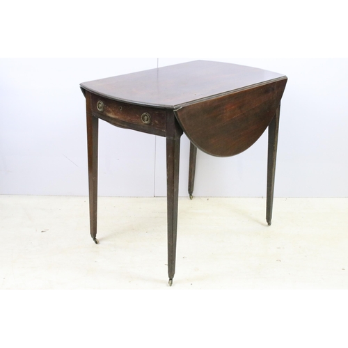 593 - Mahogany George III drop leaf table with side drawer supported on tapered legs and castors, H 59cm, ... 