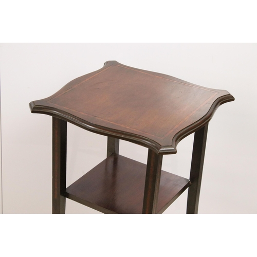 594 - Tall mahogany lamp side table with inlay border detail and lower shelves, H 73cm, W 38cm, D 38cm