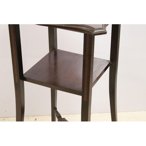 594 - Tall mahogany lamp side table with inlay border detail and lower shelves, H 73cm, W 38cm, D 38cm