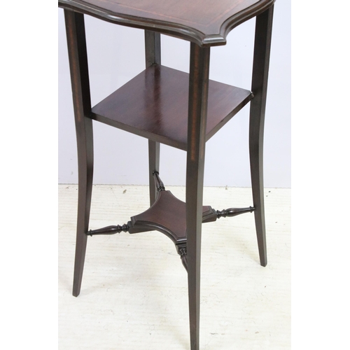 594 - Tall mahogany lamp side table with inlay border detail and lower shelves, H 73cm, W 38cm, D 38cm