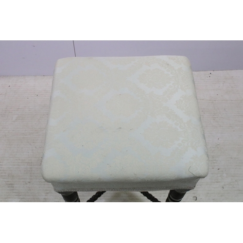 596 - Square cream upholstered oak stool with detailed turned legs and x stretcher, H 54cm