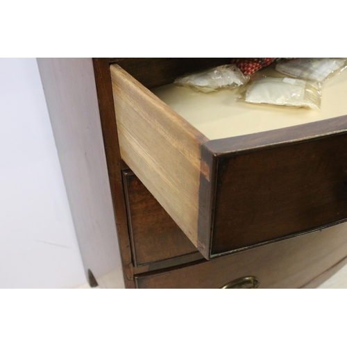 604 - Mahogany bow front chest of drawers with three long drawers and bird motif handles on raised legs, H... 