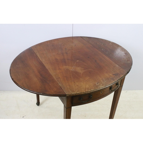 605 - Mahogany drop leaf table with side drawers supported on tapered legs and castors, H 72cm, W 76cm, D ... 