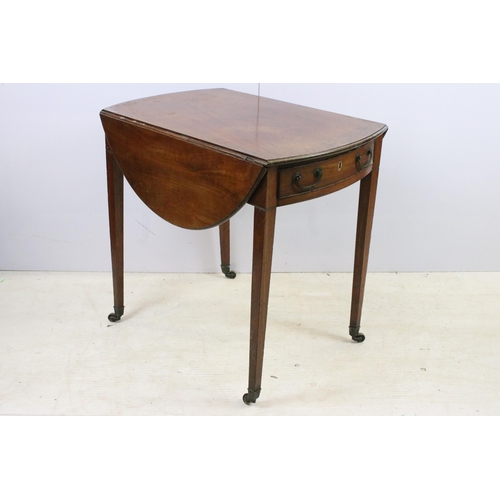 605 - Mahogany drop leaf table with side drawers supported on tapered legs and castors, H 72cm, W 76cm, D ... 