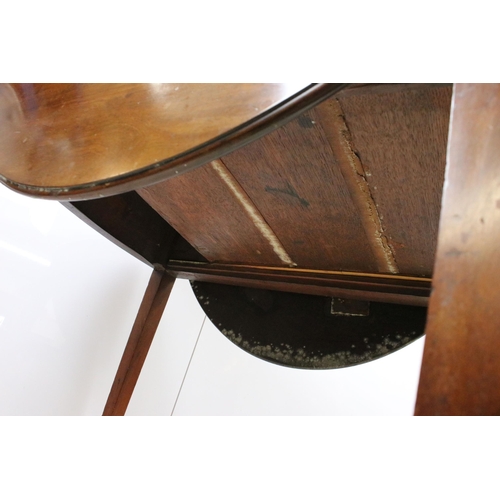 605 - Mahogany drop leaf table with side drawers supported on tapered legs and castors, H 72cm, W 76cm, D ... 