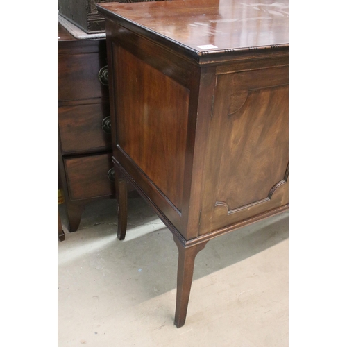 624 - Large mahogany side board with carved detail edges on raised square legs with two cupboards and two ... 