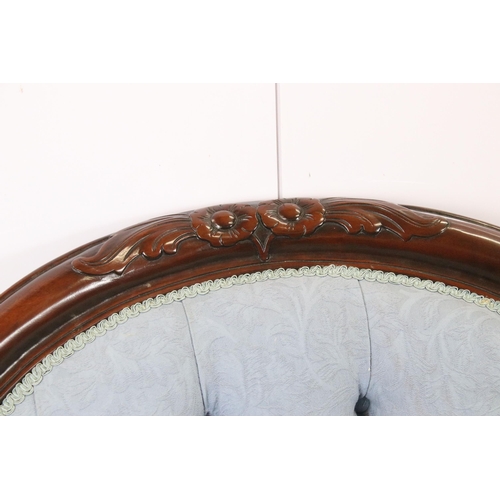 630 - Carved button back fireside gentleman's chair, shaped relief detail back, serpentine front rail, car... 