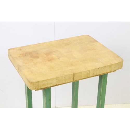 613 - Small vintage butcher's block chopping table with hand painted base stand, H 69cm, W 48cm, D 36cm