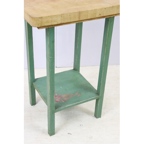 613 - Small vintage butcher's block chopping table with hand painted base stand, H 69cm, W 48cm, D 36cm