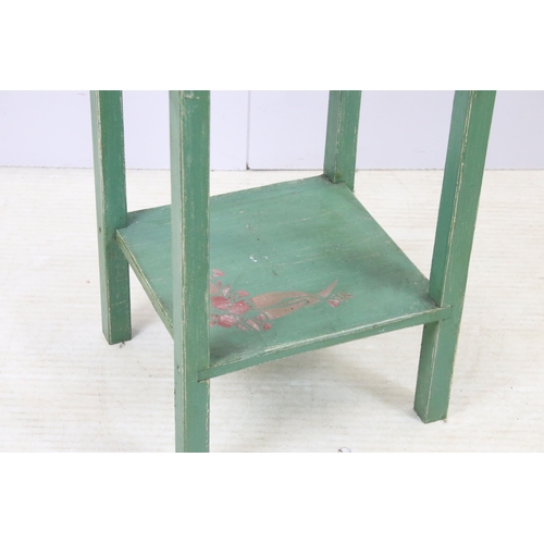 613 - Small vintage butcher's block chopping table with hand painted base stand, H 69cm, W 48cm, D 36cm