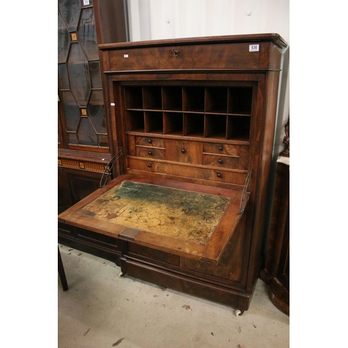 636 - 19th century flamed mahogany writing bureau with top drawer, fold down front to reveal twelve pigeon... 