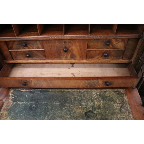 636 - 19th century flamed mahogany writing bureau with top drawer, fold down front to reveal twelve pigeon... 