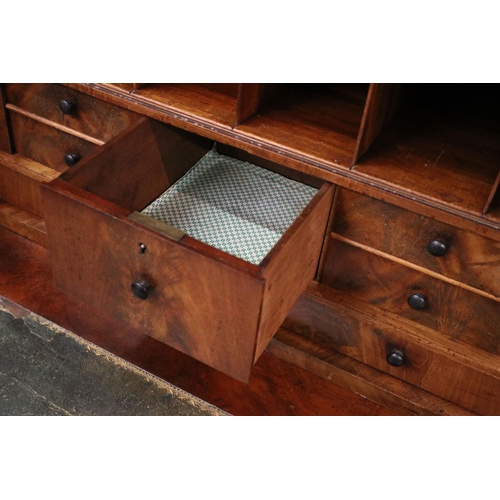 636 - 19th century flamed mahogany writing bureau with top drawer, fold down front to reveal twelve pigeon... 