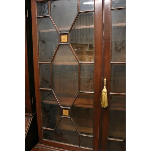 638 - Early 20th century mahogany floral parquetry display bookcase cupboard with glazed front, H 192cm, W... 