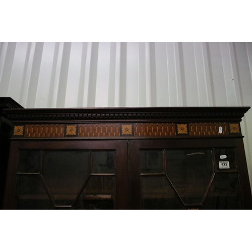 638 - Early 20th century mahogany floral parquetry display bookcase cupboard with glazed front, H 192cm, W... 