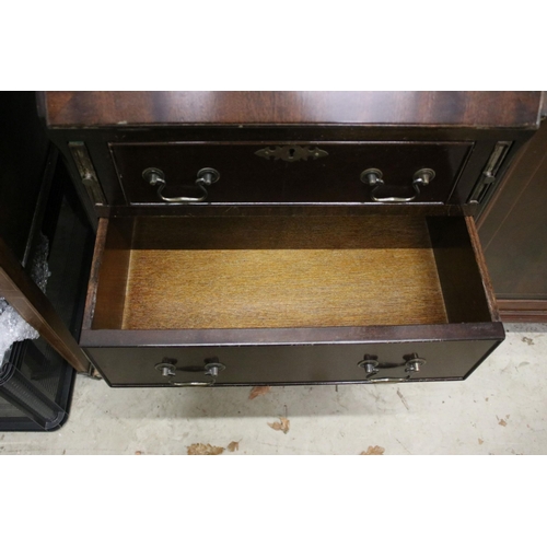 639 - 20th century mahogany four drawered veneered writing bureau bookcase with glazed front and pull down... 