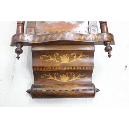 645 - Antique marquetry bordered case clock with hand carved pediment, fret work around dial, turned pilla... 