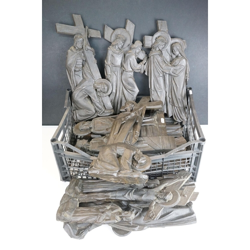 405A - Collection of fourteen cast religious scenes of 'stages of the cross' wall hangings, approx H 38cm