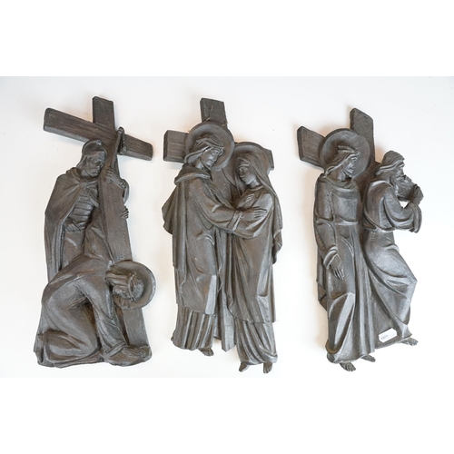 405A - Collection of fourteen cast religious scenes of 'stages of the cross' wall hangings, approx H 38cm