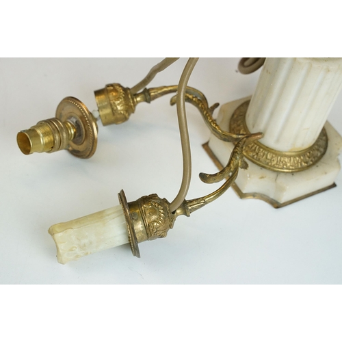 441 - Pair of 20th century gilt metal two arm cherub style table lamps with marble column bases, H 39cm