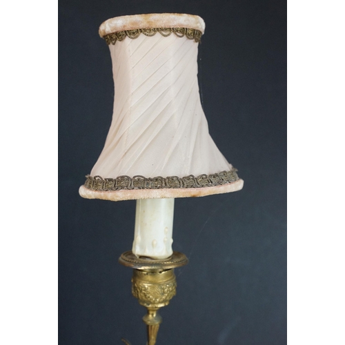 441 - Pair of 20th century gilt metal two arm cherub style table lamps with marble column bases, H 39cm