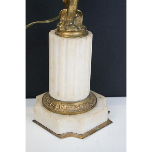 441 - Pair of 20th century gilt metal two arm cherub style table lamps with marble column bases, H 39cm