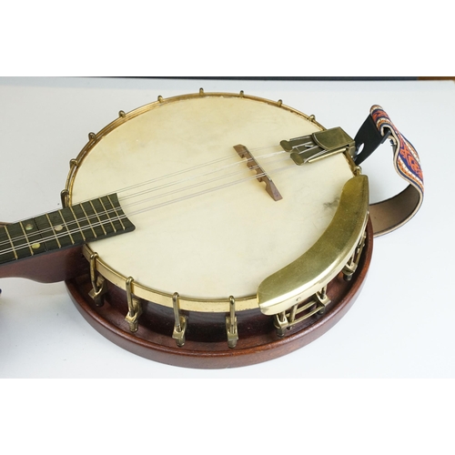 448 - The Broadcaster, J & A.M, London banjo mandolin, skin diameter 28cm, in hard case