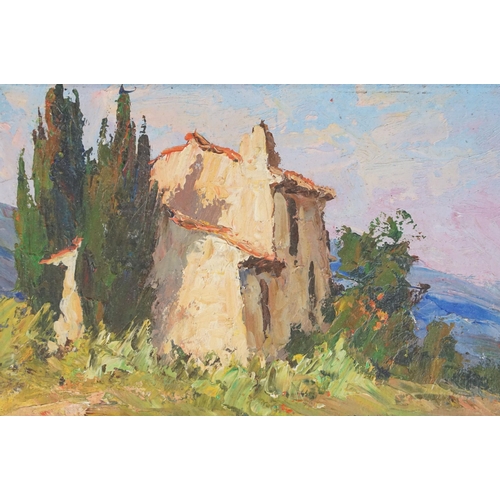 485A - Early 20th century Continental school, house within a landscape, oil on board, indistinctly signed l... 