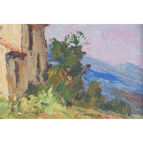 485A - Early 20th century Continental school, house within a landscape, oil on board, indistinctly signed l... 