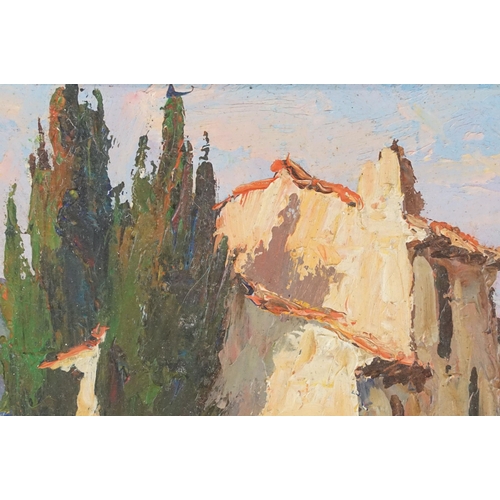 485A - Early 20th century Continental school, house within a landscape, oil on board, indistinctly signed l... 