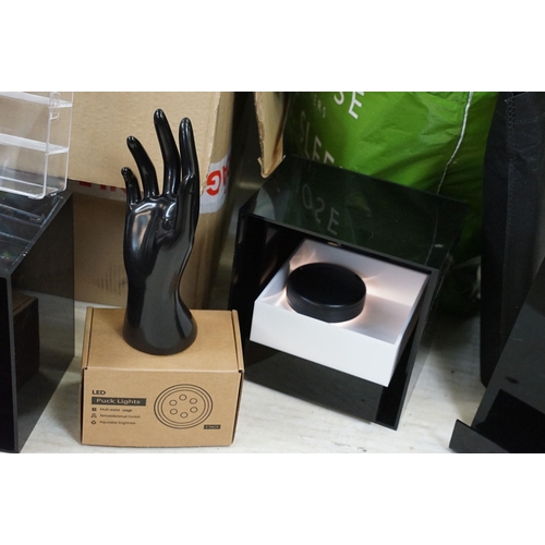 415A - Selection of jewellery and shop display stands, display hands and gift pouches, puck lights etc (2 b... 