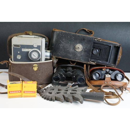 403 - Binoculars to include Hilkinson, Carl Zeiss Jena, a Eumig C5 cinecamera, Kodak B2 camera and a carve... 