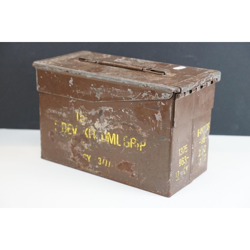 413 - WWII wooden ammunition box together with a metal ammunition box and a signed copy of 'To win a war' ... 