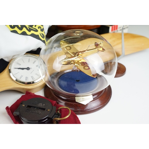 414 - Collection of aviation items to include a propeller wall clock, blazer, BUAS polo neck top, BUAS pol... 