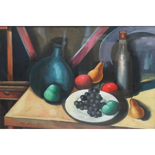 459 - Still life depicting fruit, bottle, flask and pewter plate on a table, 41 x 61.5cm, gilt framed