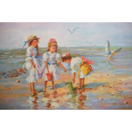 463 - Impressionist beach scene with girls paddling, oil on canvas, 31 x 40cm, gilt framed