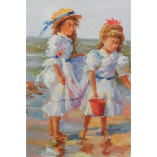 463 - Impressionist beach scene with girls paddling, oil on canvas, 31 x 40cm, gilt framed