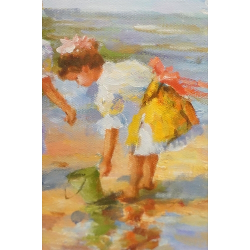 463 - Impressionist beach scene with girls paddling, oil on canvas, 31 x 40cm, gilt framed