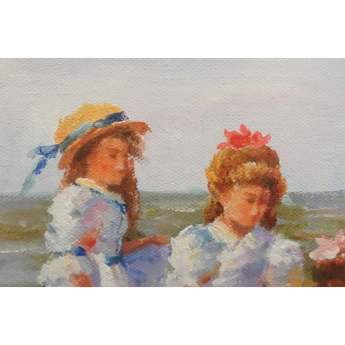 463 - Impressionist beach scene with girls paddling, oil on canvas, 31 x 40cm, gilt framed