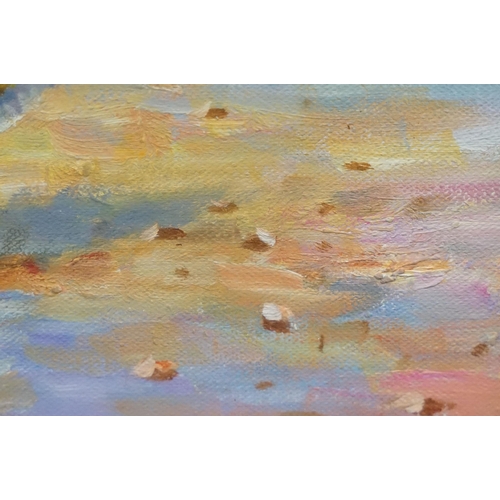 463 - Impressionist beach scene with girls paddling, oil on canvas, 31 x 40cm, gilt framed