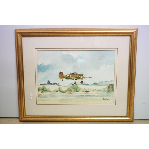 464 - Lesley Sheldon, aeroplane, watercolour, signed lower right, 22.5 x 32.5cm, gilt framed and glazed, W... 