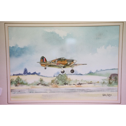 464 - Lesley Sheldon, aeroplane, watercolour, signed lower right, 22.5 x 32.5cm, gilt framed and glazed, W... 