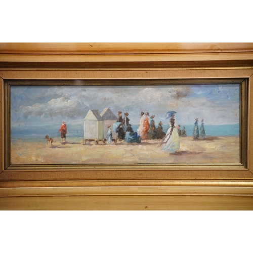 469 - Extensive Impressionist Victorian busy beach scene with figures gathered and bathing machines, oil o... 