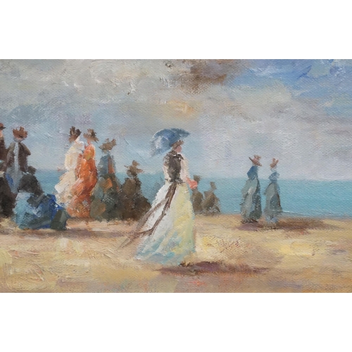 469 - Extensive Impressionist Victorian busy beach scene with figures gathered and bathing machines, oil o... 