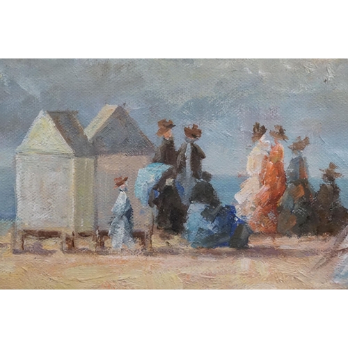 469 - Extensive Impressionist Victorian busy beach scene with figures gathered and bathing machines, oil o... 