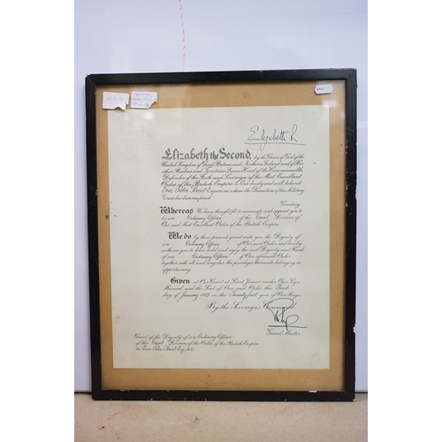 470 - Ephemera - MBE certificate with facsimile? signatures for Queen Elizabeth II and Prince Phillip, 38 ... 