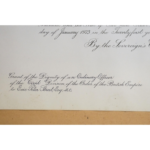 470 - Ephemera - MBE certificate with facsimile? signatures for Queen Elizabeth II and Prince Phillip, 38 ... 